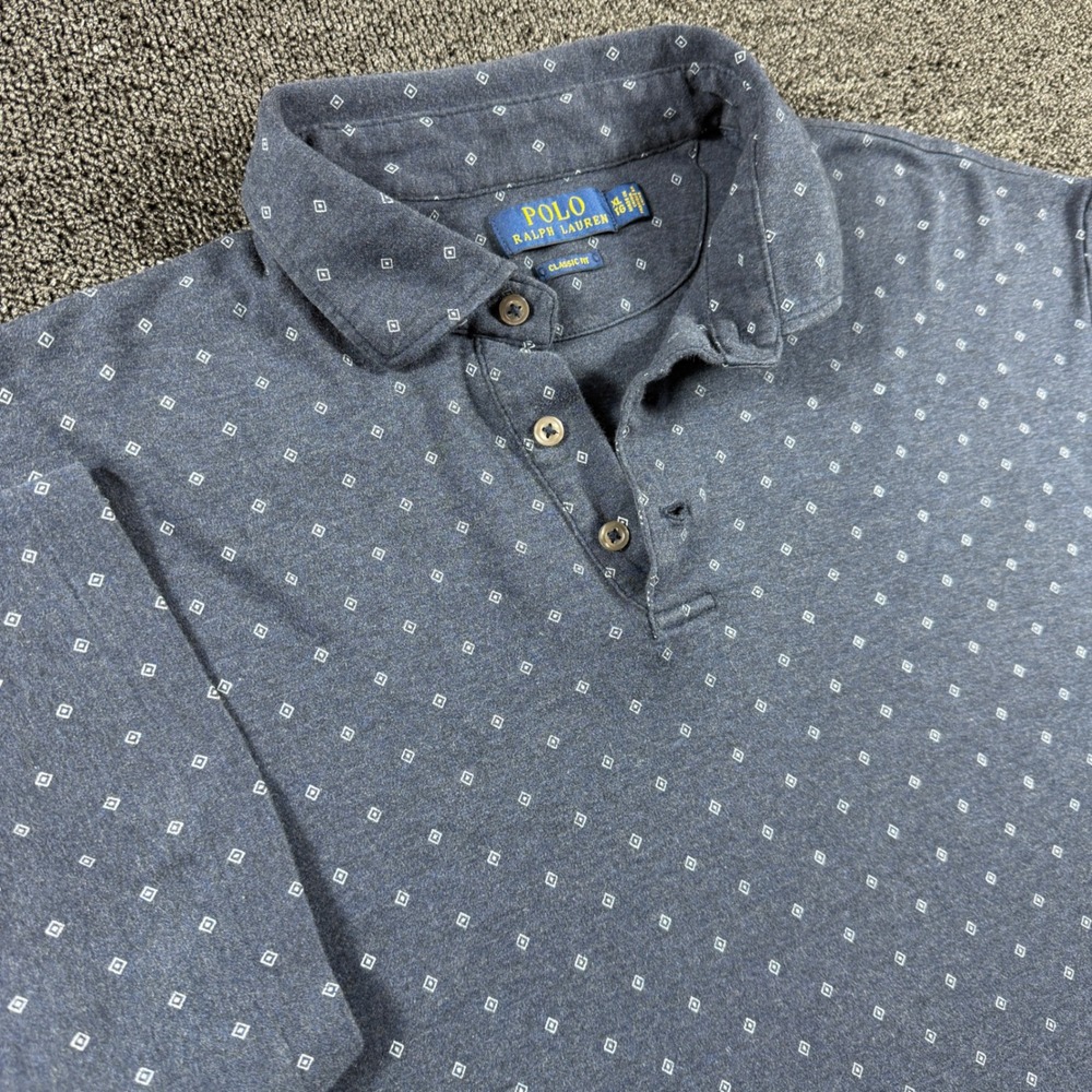 Polo Ralph Lauren Mens XL Classic Fit Navy Blue Geometric AOP Diamond Polo Shirt